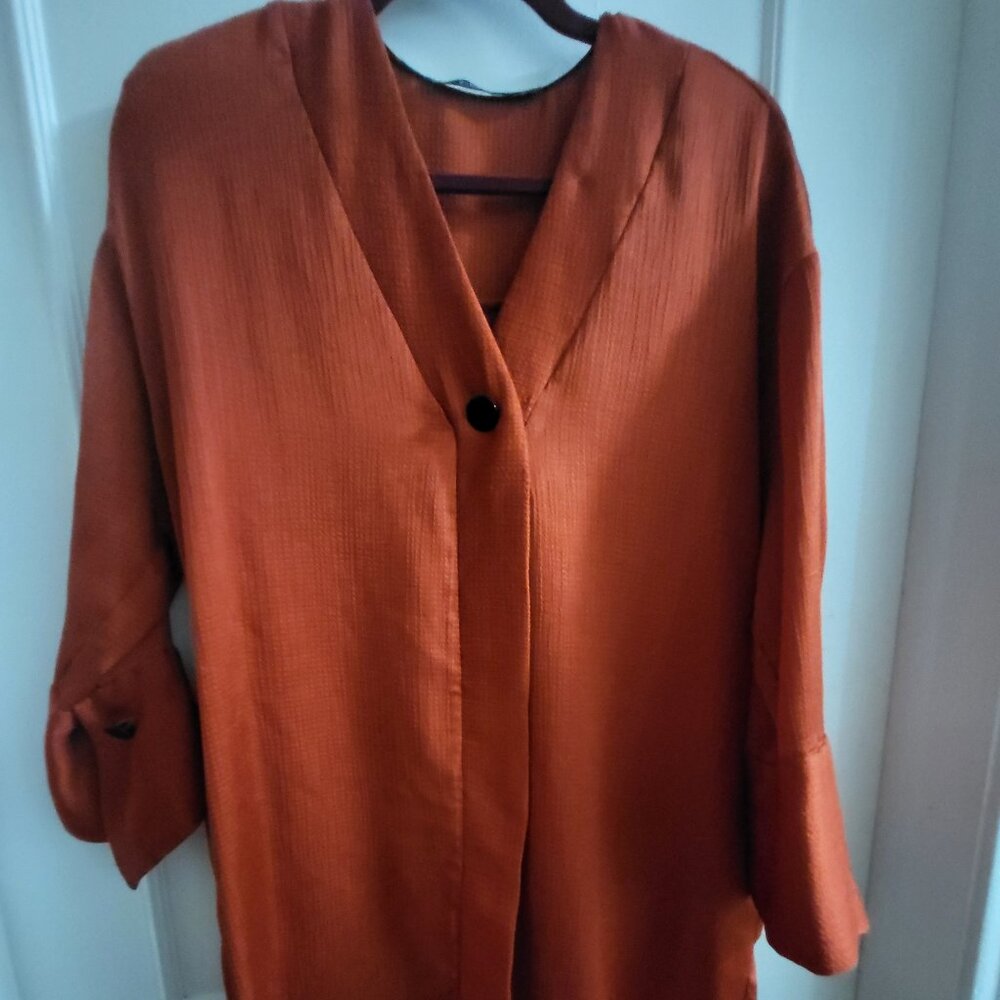 ZARA Oversized Brick Orange Satin Texture V-Neck Tunic Shirt Dress - M